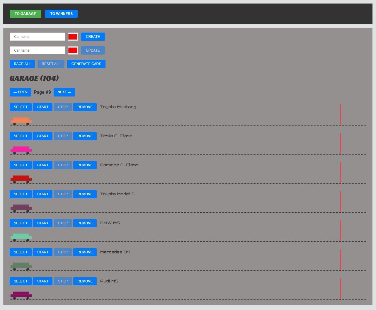Interface of the Garage Page of Async Race Game
