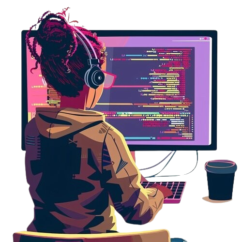 cartoon female coder working on a PC