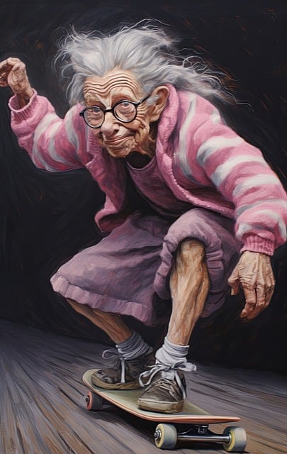 crazy granny in a pink outfit learning to skateboard