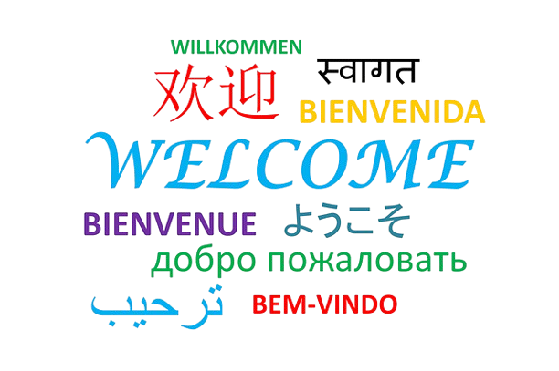 poster with welcome greetings in different langauges
